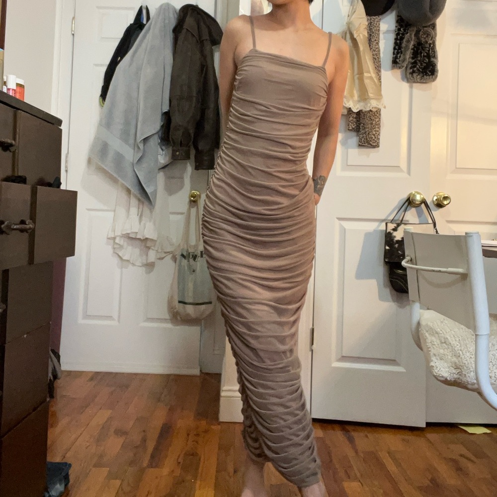 Small ruched tan dress